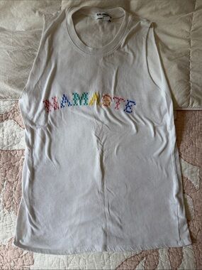 Sub_Urban Riot White Sleeveless "NAMASTE" Cross-Stitch Top